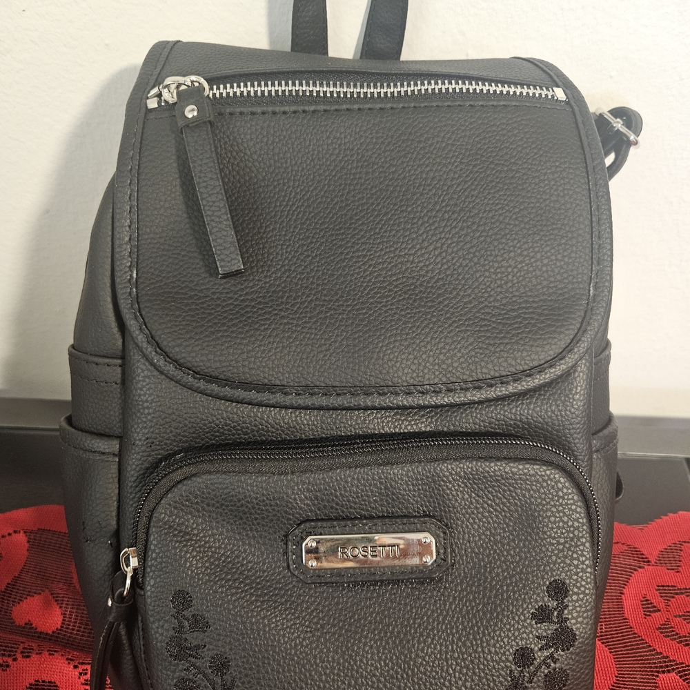 Rosetti Tinley Black Mini Backpack Bag Purse Faux Leather Adjustable Straps